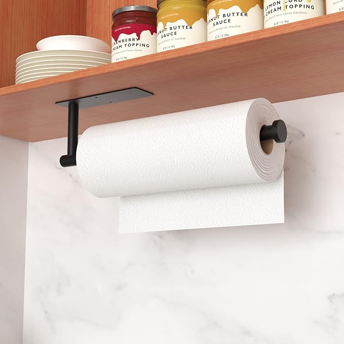 Paper Towel Holder - Drilling, Matte Black Wall Mounted Rack, SUS304 Stainless Steel Kitchen Roll Holder Under Cabinet (2 pack)