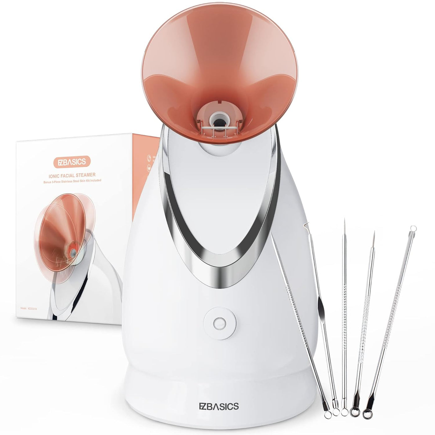 EZBASICS Facial Steamer Ionic Face Steamer for Home Facial, Warm Mist Humidifier Atomizer for Face Sauna Spa Sinuses Moisturizing, Unclogs Pores, 1 Pack + 5 Stainless Steel Skin Kit Warm Pink