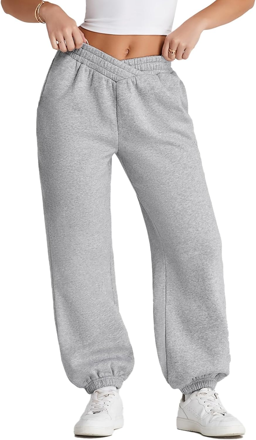 Herseas Women's V Crossover Waist Sweatpants Baggy Y2K Jogger Pants Wide Leg Fleeced Lounge Pants