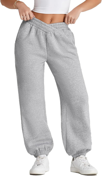 Herseas Women's V Crossover Waist Sweatpants Baggy Y2K Jogger Pants Wide Leg Fleeced Lounge Pants