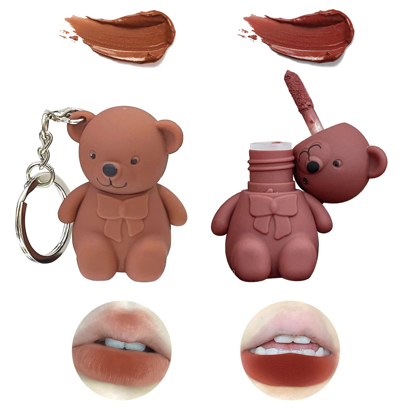 2 in 1 Key Chain Bear Lipstick Mist Matte Velvet Lipstick Waterproof Long Lasting Lip Gloss Cute Bear Beauty Makeup (01#+02#)