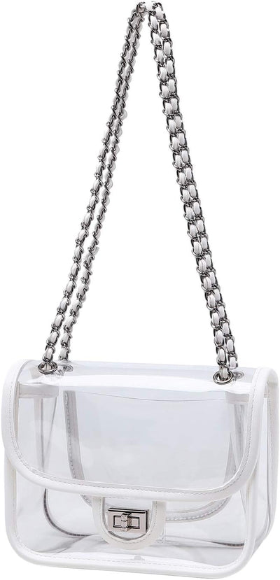 Womens PVC Clear Purse Handbag with Chain Stadium Approved Clear Bag See Through Bag for Working and Concert