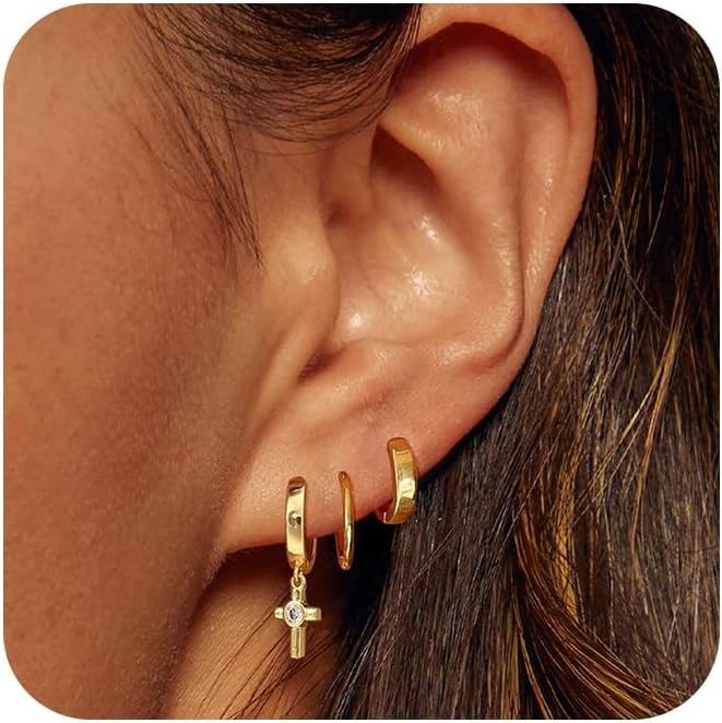 3 Pairs Gold Hoop Earrings Set: Dainty Stud Earrings Trendy Small 14K Gold Plated Hypoallergenic Dangle Cartilage Huggie Hoop Earrings for Women Gold Jewelry for Women Gifts