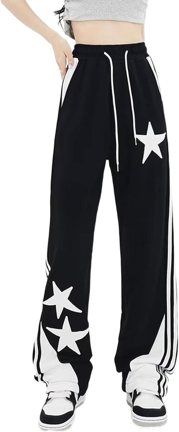 Womens Striped Sweatpants Y2K Star Patchwork Baggy Straight Leg Drawstring Sweatpants with Pockets