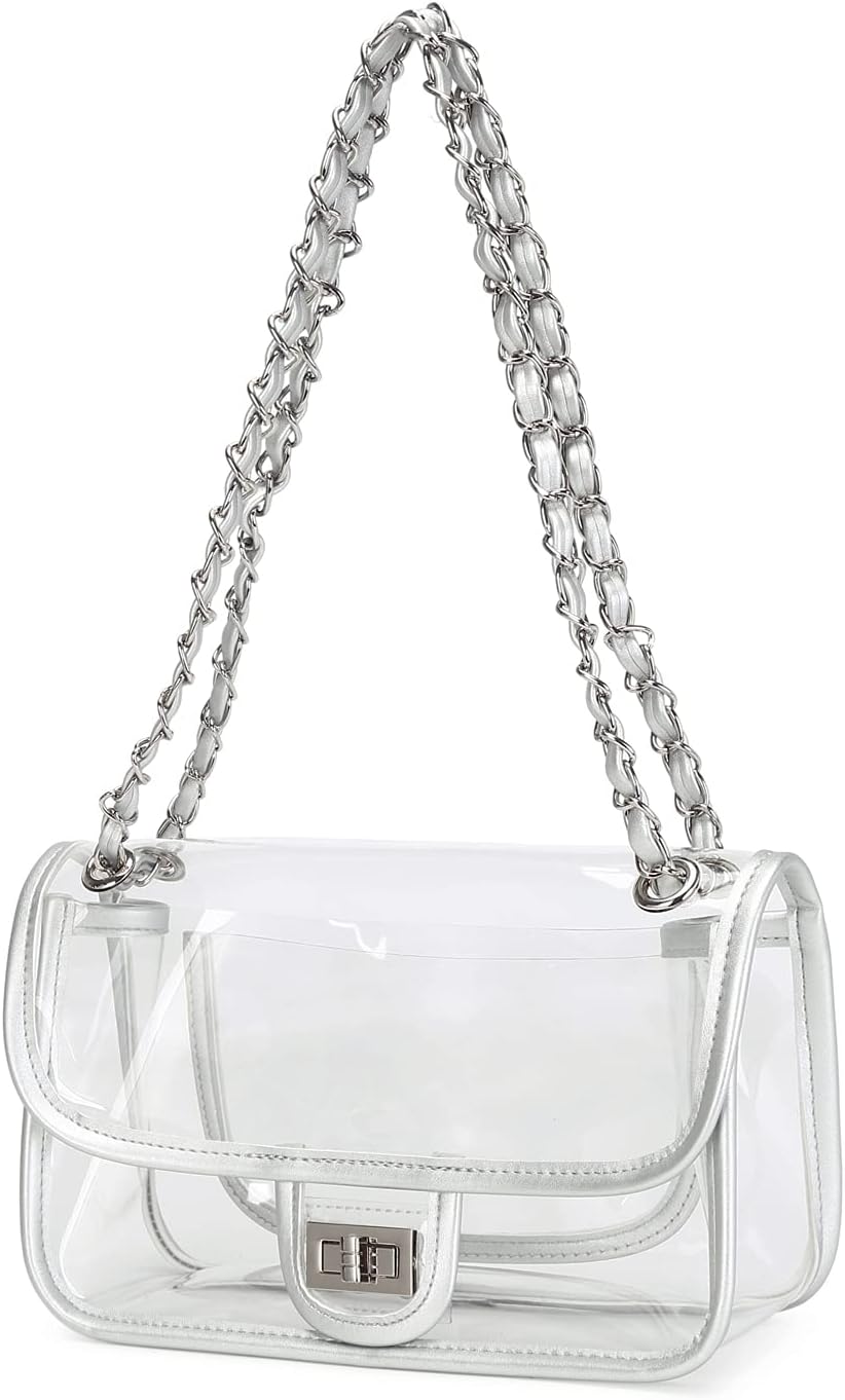 Womens PVC Clear Purse Handbag with Chain Stadium Approved Clear Bag See Through Bag for Working and Concert