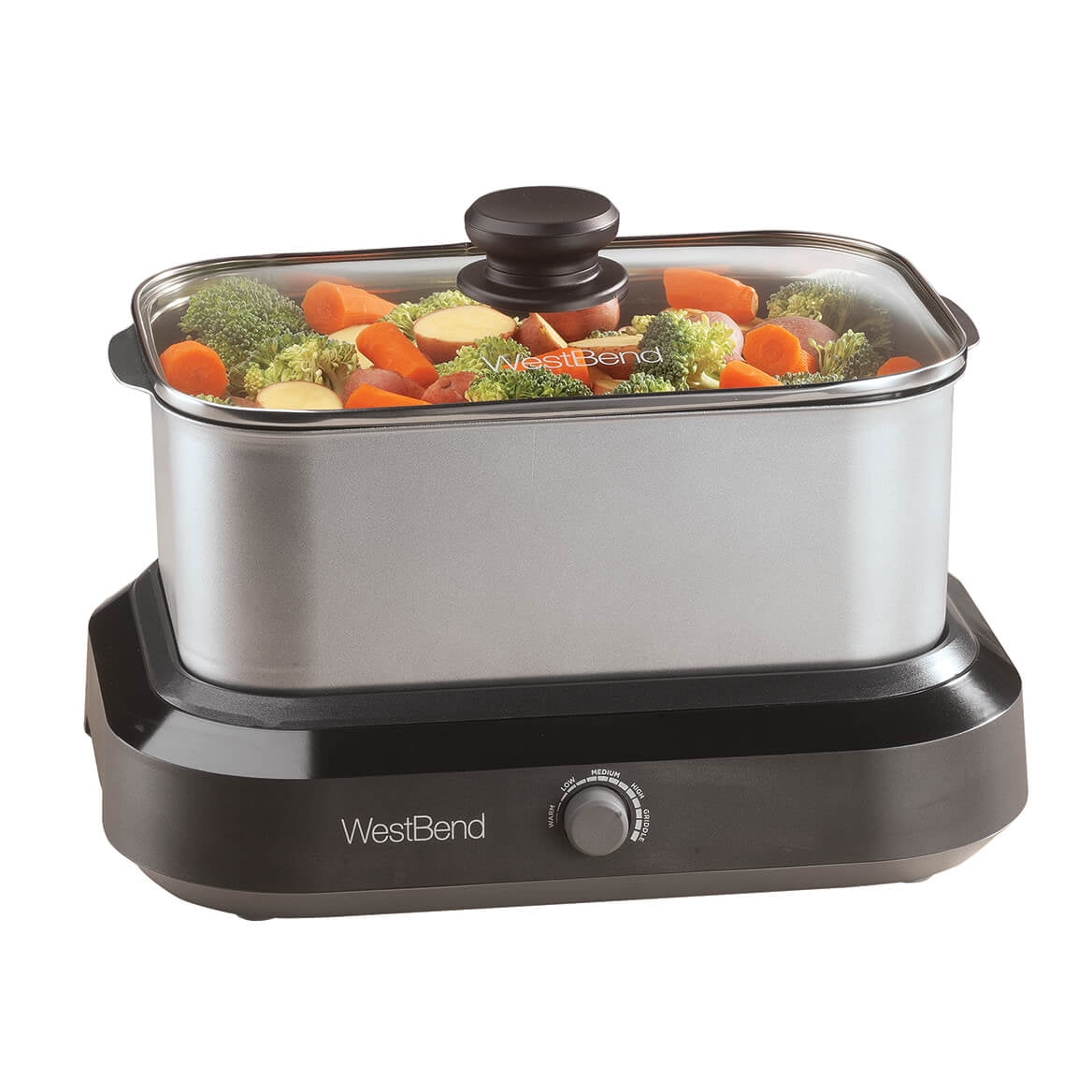 West Bend 87905 Slow Cooker Large Capacity Non-stick Vessel with Variable Temperature Control Includes Travel Lid and Thermal Carrying Case, 5-Quart, Silver