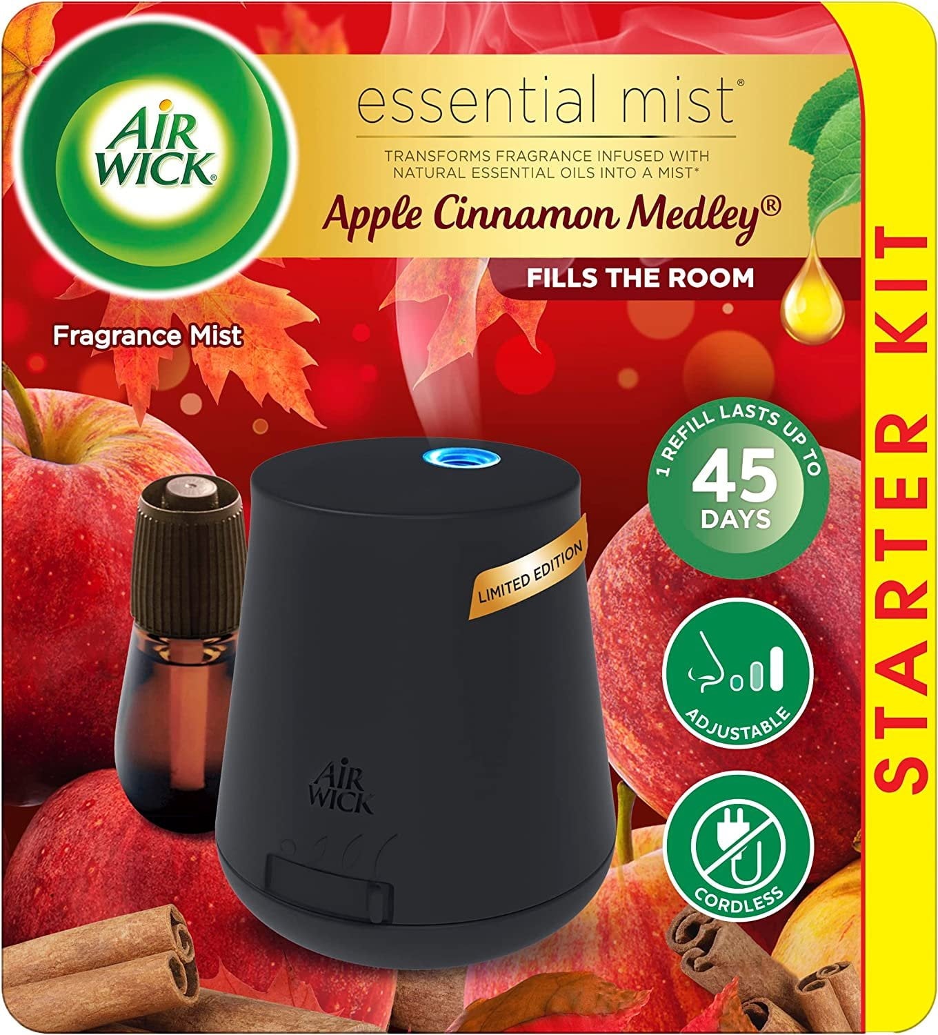 Air Wick Essential Mist Starter Kit (Diffuser + Refill), Apple Cinnamon, Fall Scent, Essential Oils Diffuser, Air Freshener