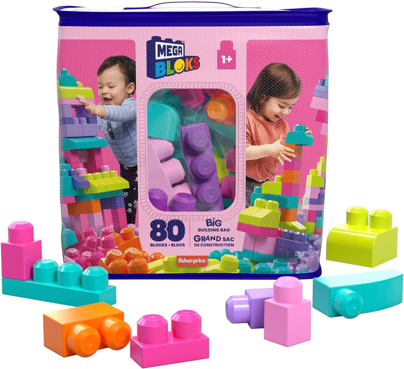 MEGA BLOKS Fisher-Price Toddler Block Toys, Big Building Bag with 80 Pieces and Storage Bag, Pink, Gift Ideas for Kids Age 1+ Years