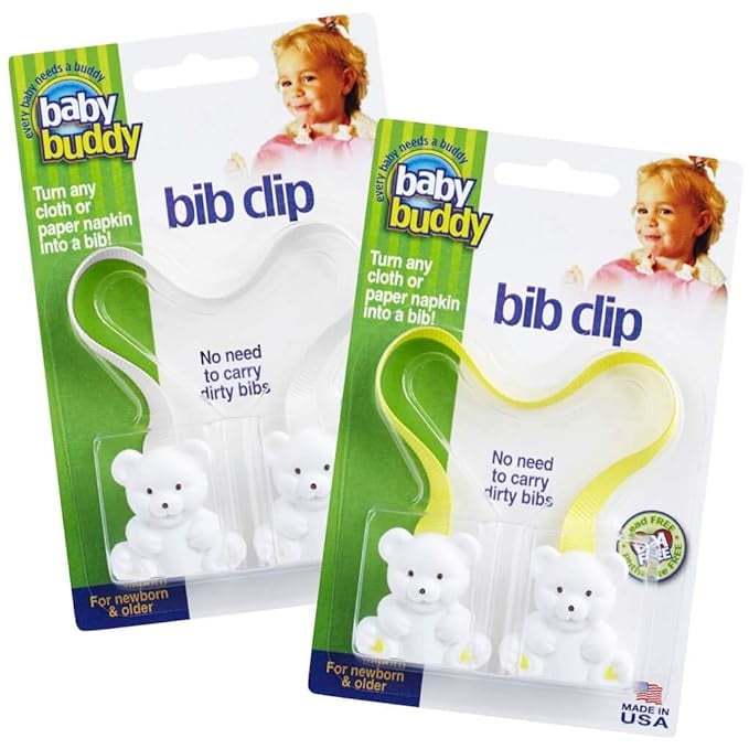 Baby Buddy Baby Bib Clip Turns Any Cloth, Towel, or Paper Napkin Into Instant Disposable Bibs, Travel Accessories, Essential Baby Gifts, Feeding Supplies for Baby, Newborn and Up, 2pk, Yellow/White