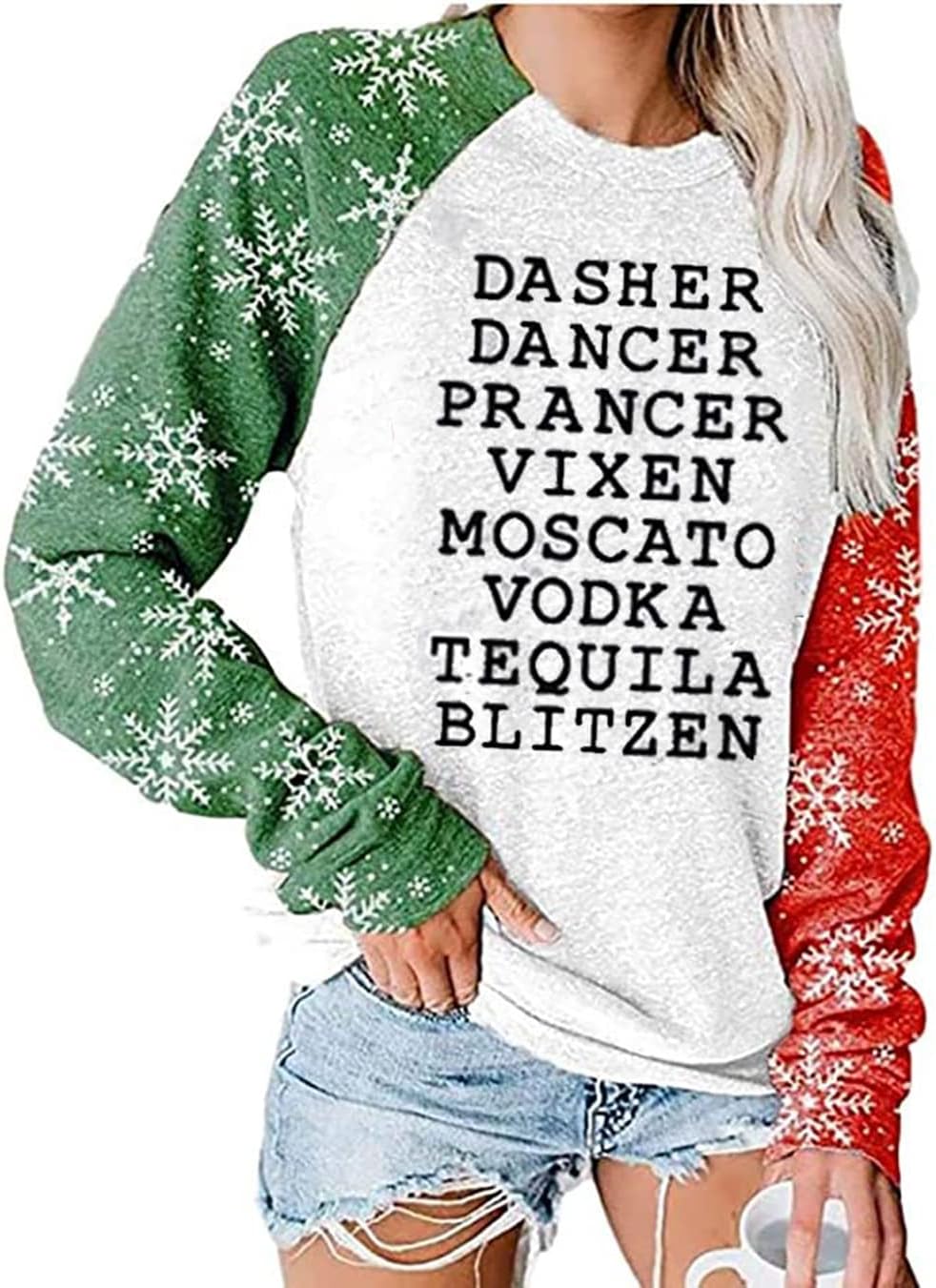 Womens Reindeer Alcohol Christmas Sweatshirt Dasher Dancer Prancer Vixen Moscato Vodka Blitzen Xmas Pullover