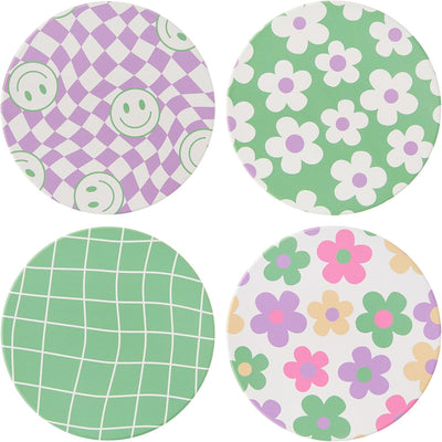 Cute Aesthetic Drink Coasters Set of 4 Absorbent, Green Purple Boho Floral Daisy Groovy Checkered Grid Trippy Funky Ceramic Cup Coaster for Wooden Coffee Table Trendy Y2K College Desk Coaster Decor