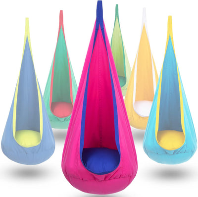 Y- STOP Kids Pod Swing Seat, Hanging Hammock Chair with Inflatable Pillow, Sensory Swing Chair for Outdoor and Indoor, Max 176 Lbs, Pink and Blue