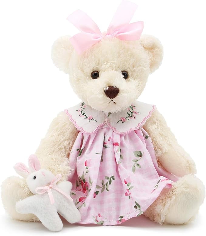 oits cute Small Baby Teddy Bear with Cloth Cute Stuffed Animal Soft Plush Toy 10" (Pink Dress with Rabbit)