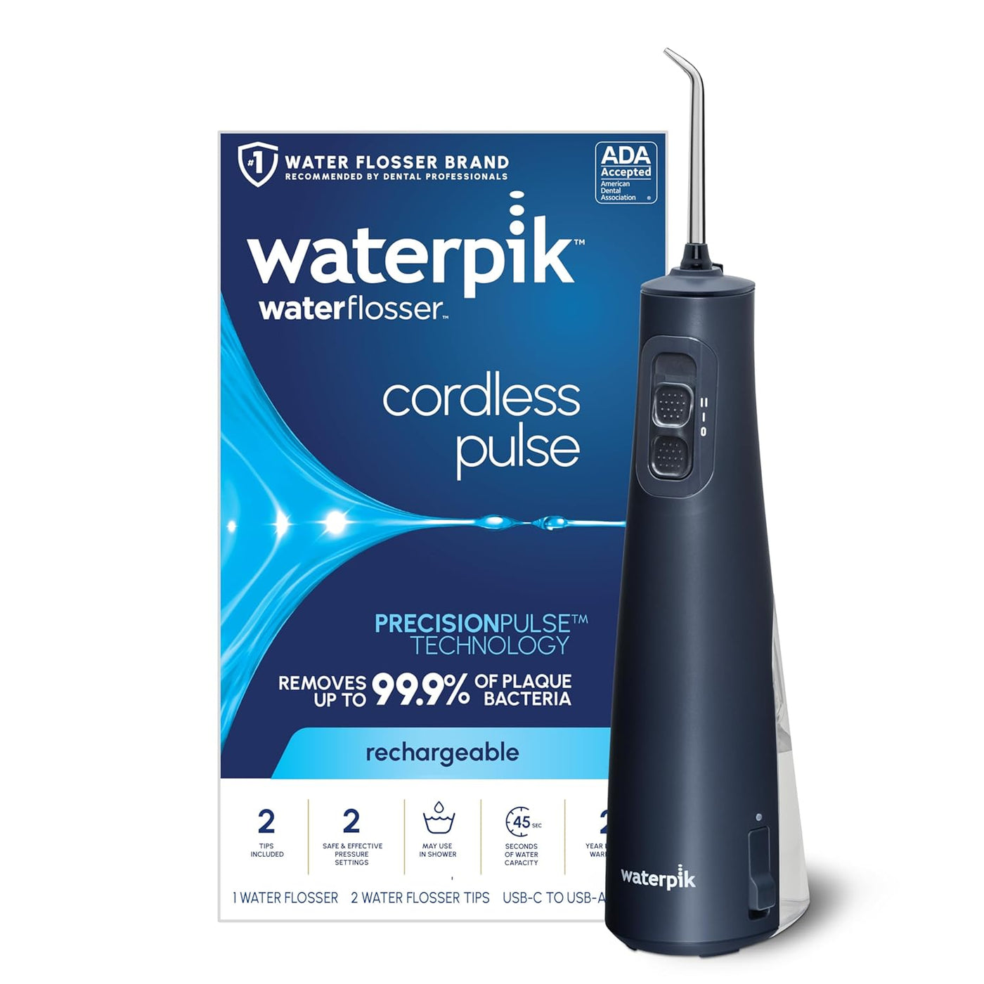 Waterpik Cordless Pulse Rechargeable Portable Water Flosser for Teeth, Gums, Braces Care and Travel with 2 Flossing Tips, Waterproof, ADA Accepted, WF-20 Gray, Packaging May Vary