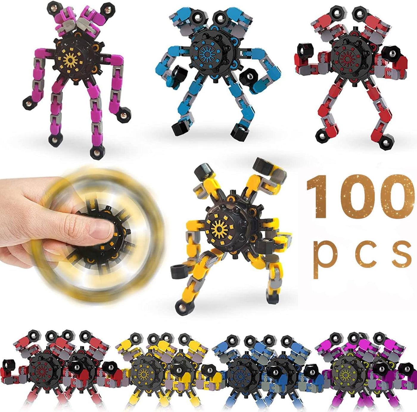 20pcs Random Fidget Spinners,DIY Deformable Robot Fingertip Toys,Decompression Spinner,Deformable Creative Mechanical Gyro Toys,Stress Relief Mechanical Chain Toy for Kids Adults，Party Supplies