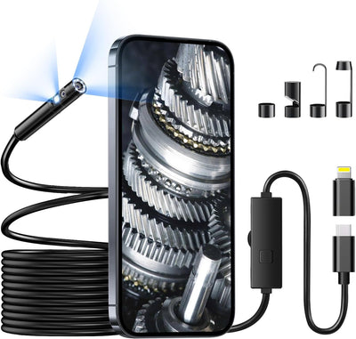 [Dual-Lens] Endoscope Camera with Light, 1920P Borescope Inspection Camera with 8+1 Adjustable LED Lights, Semi-Rigid Snake Cable 16.5FT, IP67 Waterproof for iPhone, iPad, Samsung,Cool Gadgets for Men