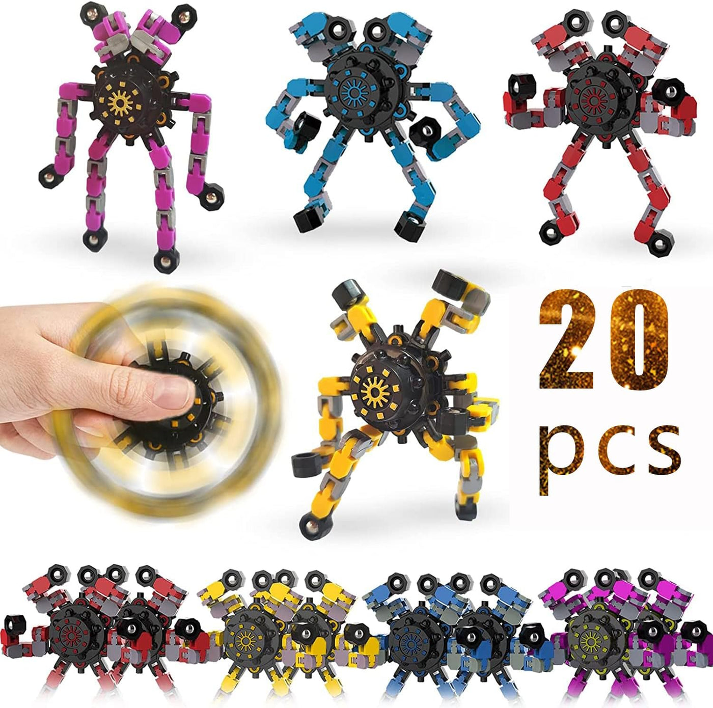 20pcs Random Fidget Spinners,DIY Deformable Robot Fingertip Toys,Decompression Spinner,Deformable Creative Mechanical Gyro Toys,Stress Relief Mechanical Chain Toy for Kids Adults，Party Supplies