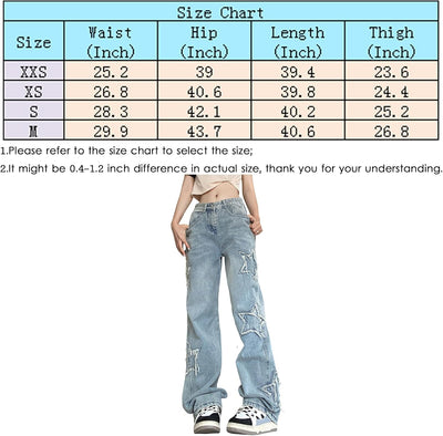 Womens Trendy High Waist Wide Leg Y2K Jeans Aesthetic Star Pants Teen Girls Boyfriend Loose Fit Star Embroidery Jeans