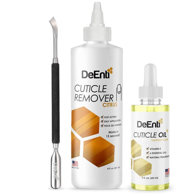 DeEnti Cuticle Maintenance Pack, Bundle Includes Citrus Scented Cuticle Remover, Cuticle Oil for Nails, and Metal Cuticle Pusher Tool, Salon Grade Cuticle Care, Home Manicure and Pedicure Kit