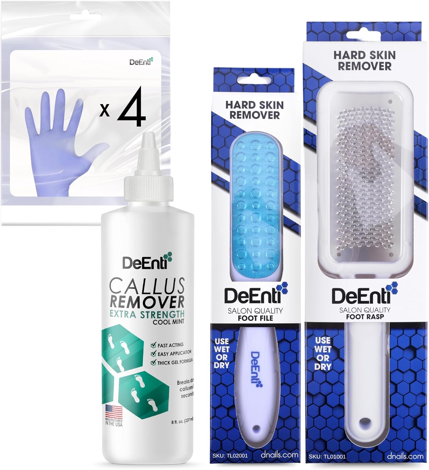 DeEnti Callus Maintenance Pack, Bundle Includes Mint Scented Callus Remover, Metal Foot Rasp, Foot File, and 4 Pairs of Gloves, Salon Grade Foot Care, Home Manicure and Pedicure Kit