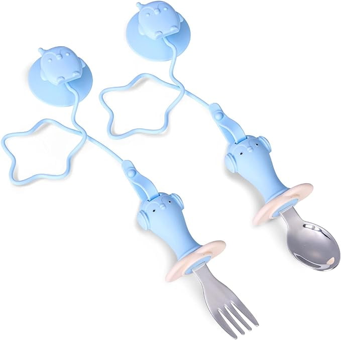 Toddler Utensils, Toddler Fork and Spoon Set Stainless Steel Toddler Silverware Set with Suction and Anti-Dropping Chain, Baby Utensils with Case On-The-Go 2 Pcs Blue