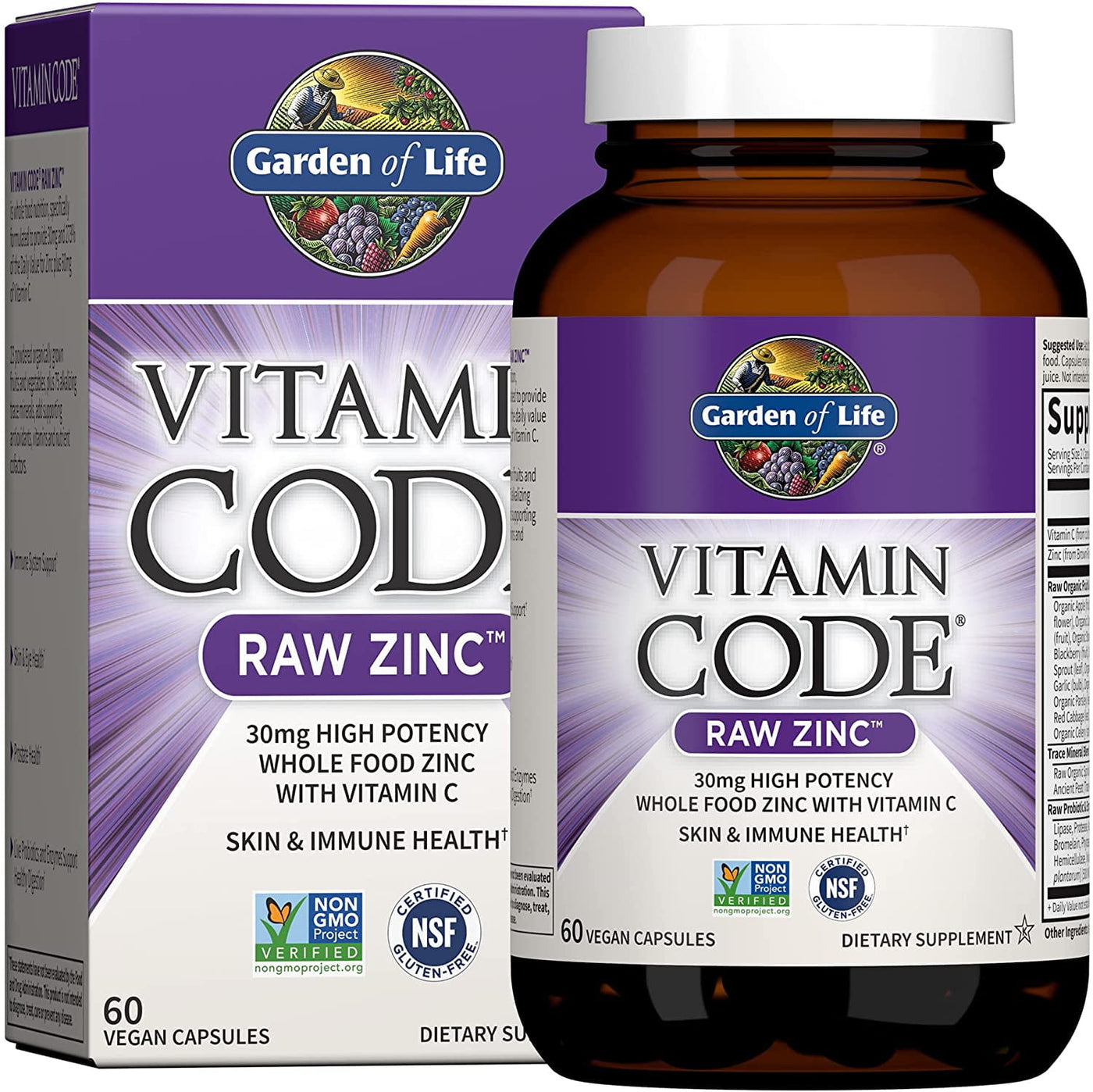 Garden of Life Vitamin Code Raw Vegan Zinc Capsules, 30mg High Potency Whole Food Supplement Plus Vitamin C, Trace Minerals & Probiotics for Skin Health & Immune Support, 60 Count