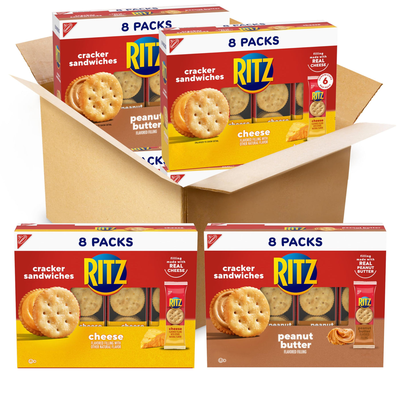 RITZ Peanut Butter Sandwich JMS2&nbsp;Cracker Snacks and Cheese Sandwich Crackers, Snack Crackers Variety Pack, 32 Snack Packs (6 Crackers Per Pack)