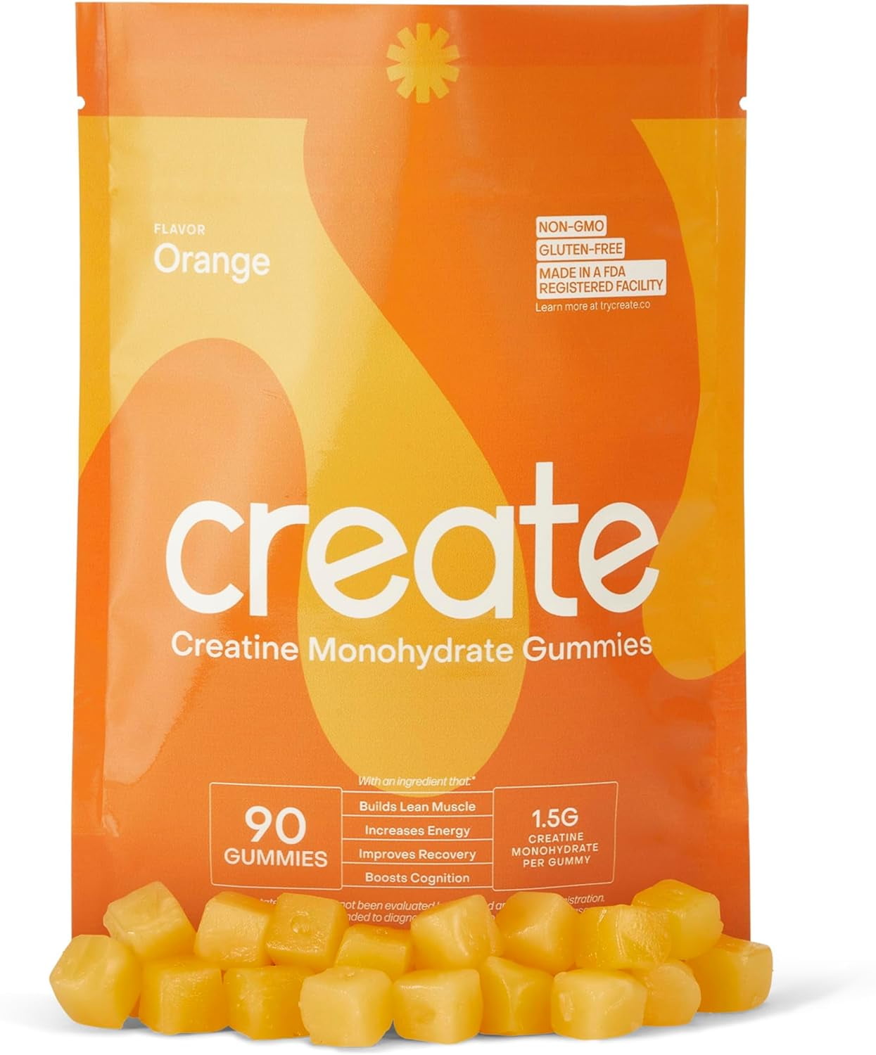 Create Creatine Monohydrate Gummies for Men & Women, Boost Focus, Strength, and Endurance, Anti-Melting Formula, Vegan, Gluten-Free, Non-GMO, 1.5g of Creatine per Gummy (Orange, 90ct)