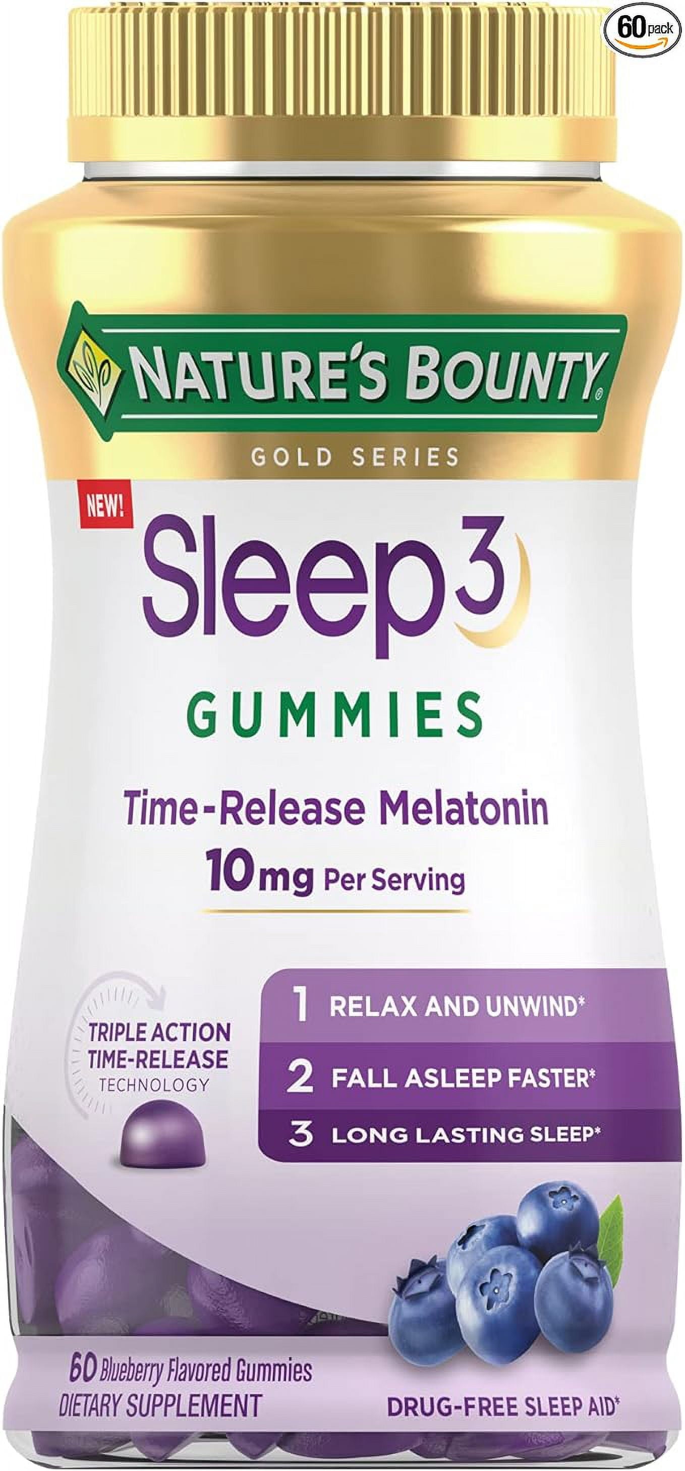 Nature's Bounty Sleep3 Gummies, Triple Action Time-Release Sleep Aid, Melatonin 10mg, Blueberry Flavor, 60 Gummies