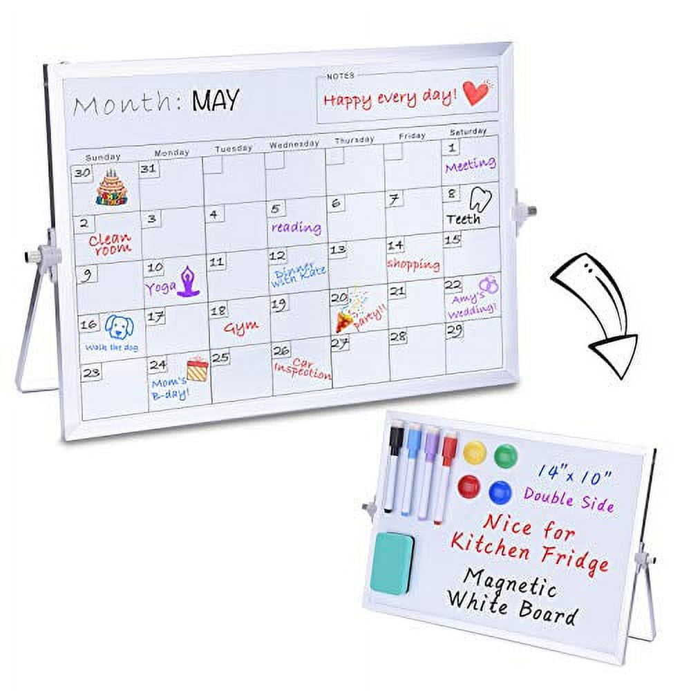 Dry Erase Whiteboard with Stand, 14"X 10" Double-Sided Desktop Whiteboard & Magnetic Monthly Weekly Planner Calendars for Refrigerator, Portable Tabletop Small Erase Board for Home, School, Office