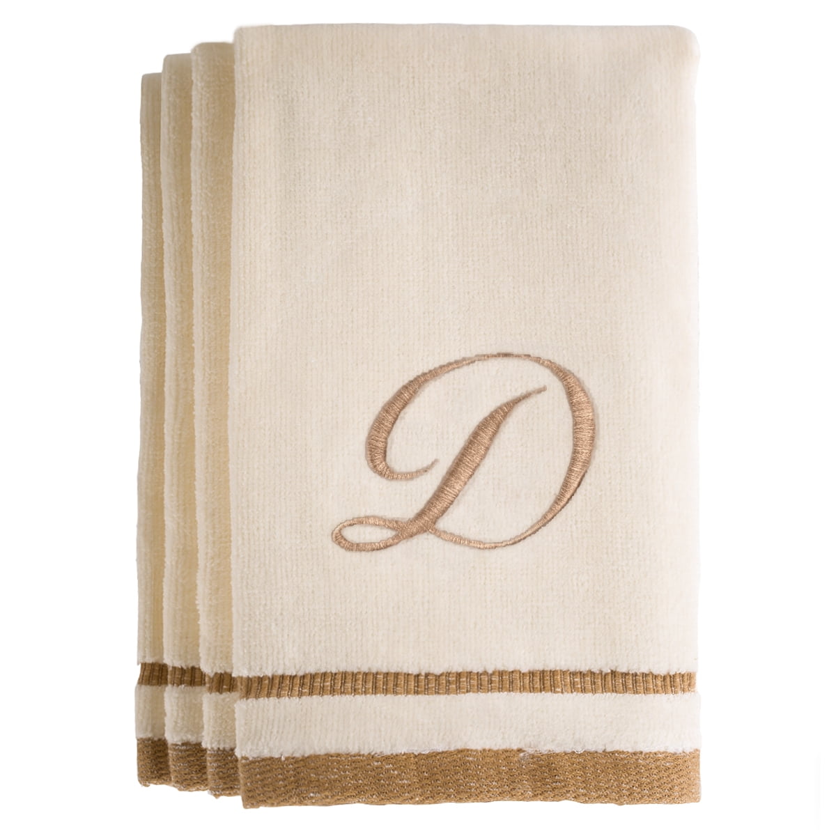 Monogrammed Gifts, Fingertip Towels, 11 x 18 Inches - Set of 4- Decorative Golden Brown Embroidered Towel - Extra Absorbent 100% Cotton- Personalized Gift- For Bathroom/ Kitchen- Initial D (Ivory)