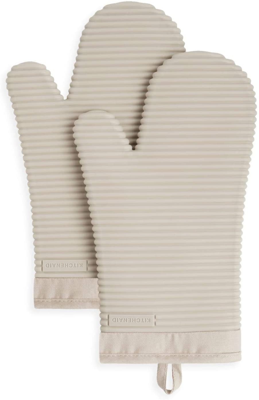 Ribbed Soft Silicone Oven Mitt Set, Cotton-Cuffed Silicone Mitts - Heat & Spill Protection，7"x13", Milkshake 2 Count