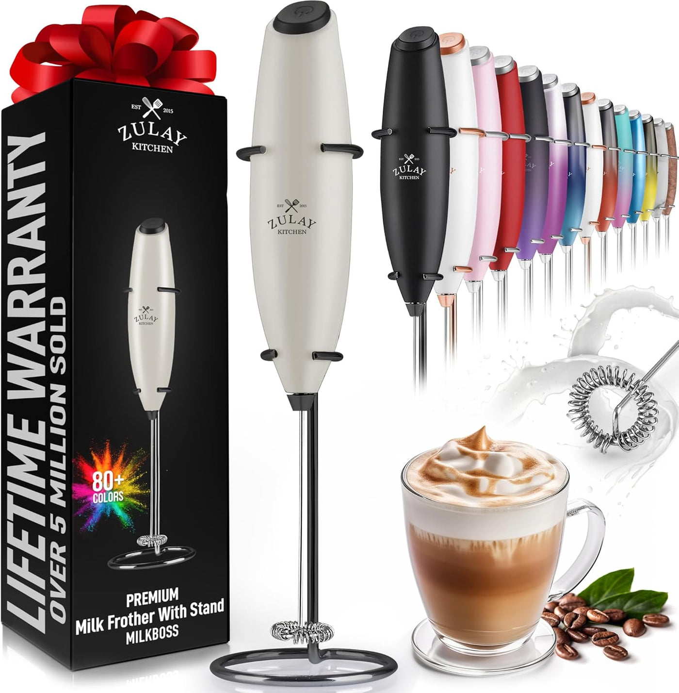 Zulay Kitchen Powerful Milk Frother Wand - Ultra Fast Handheld Drink Mixer - Electric Whisk Foam Maker for Coffee, Lattes, Cappuccino, Frappe, Matcha, Hot Chocolate & Coffee Creamer - Milk Boss Black