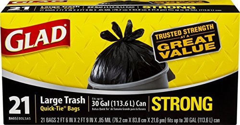 Glad Strong Quick-Tie Large Trash Bags, 30 Gallon, Black, 21 Ct