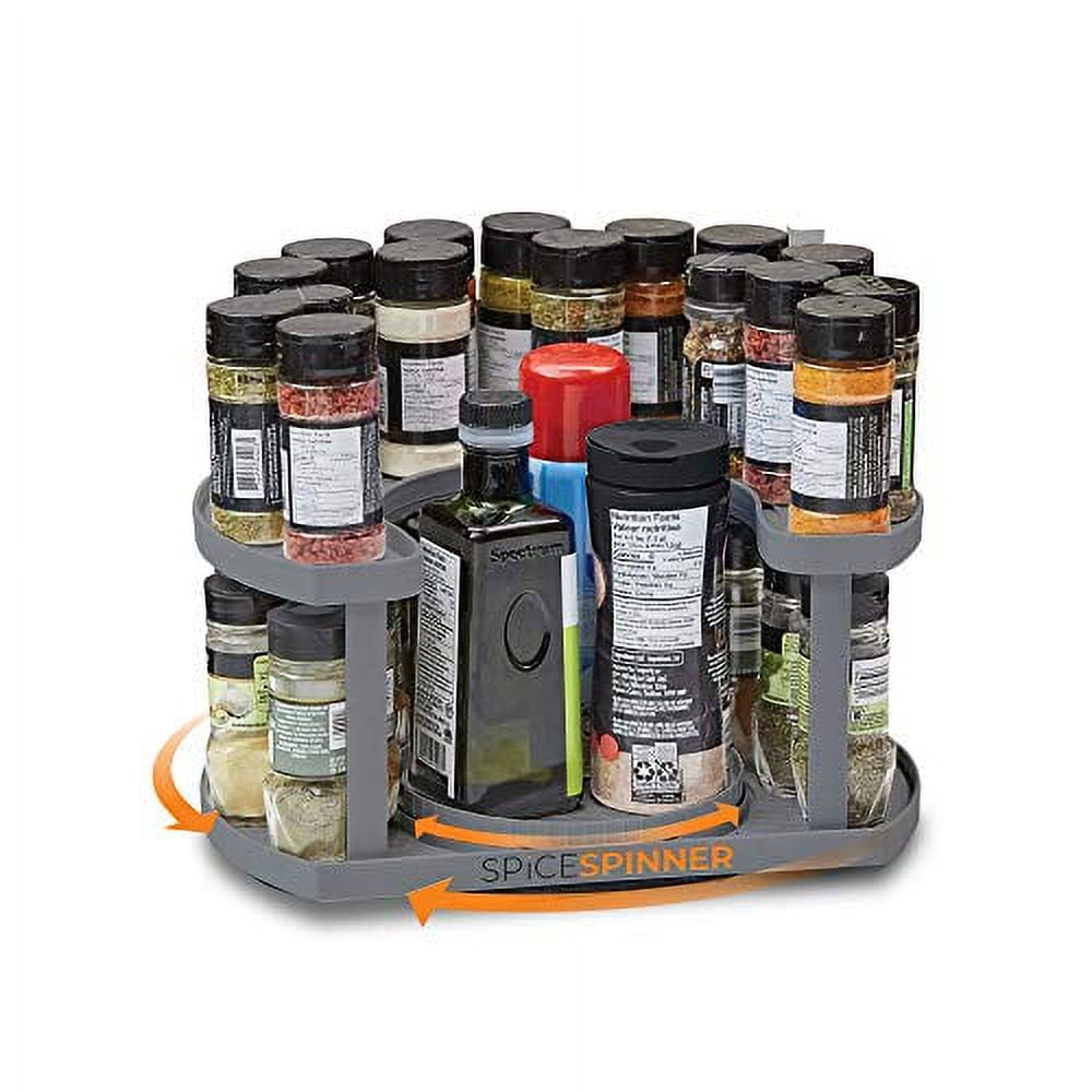 spice spinner two-tiered spice organizer & holder that saves space, keeps everything neat, organized & within reach with dual spin turntables- grey