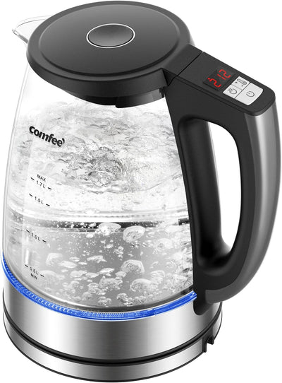 COMFEE' Glass Electric Tea Kettle & Hot Water Kettle Electric, 1.7L Electric Kettle with LED Indicator, 1500W Fast Boil, Auto Shut-Off and Boil-Dry Protection