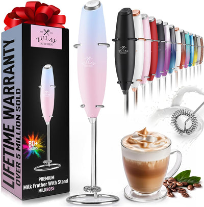 Zulay Kitchen Powerful Milk Frother Wand - Ultra Fast Handheld Drink Mixer - Electric Whisk Foam Maker for Coffee, Lattes, Cappuccino, Frappe, Matcha, Hot Chocolate & Coffee Creamer - Milk Boss Black