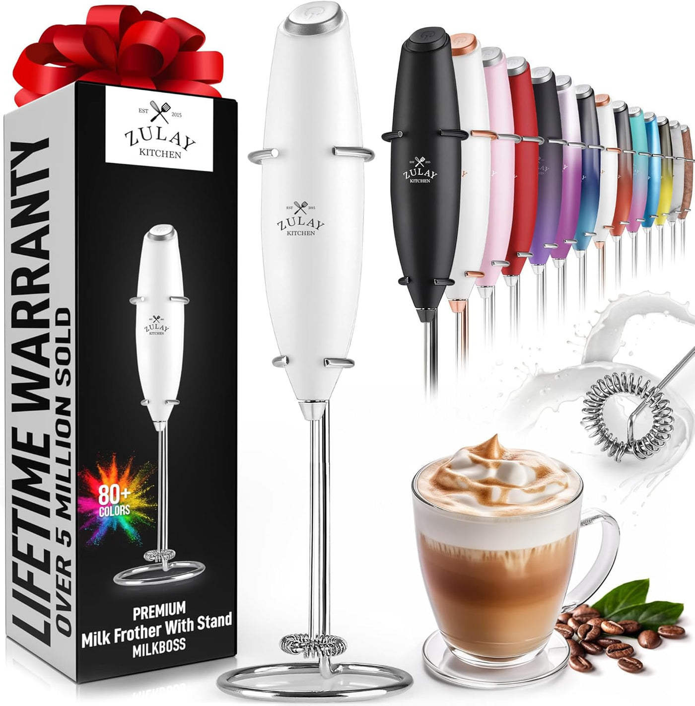 Zulay Kitchen Powerful Milk Frother Wand - Ultra Fast Handheld Drink Mixer - Electric Whisk Foam Maker for Coffee, Lattes, Cappuccino, Frappe, Matcha, Hot Chocolate & Coffee Creamer - Milk Boss Black