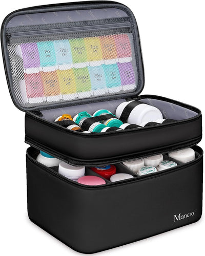 Mancro Dual Layers Medicine Organizer Bag, Pill Bottle Organizer Storage with Lockable Zipper, Medication Travel Bag for Pills, Vitamins, Medical Supplies for Home Storage, Black