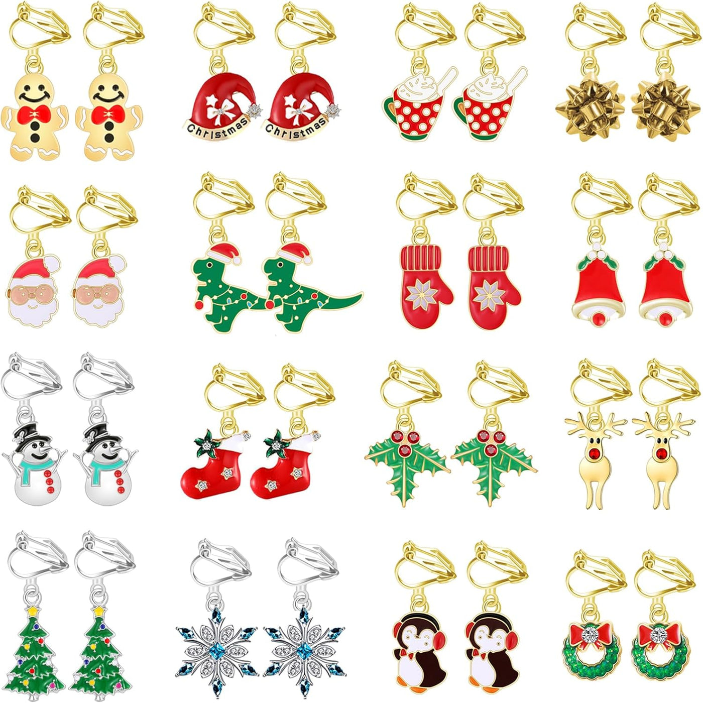 12/16 Pairs Christmas Clip on Earrings for Women Teen Girls Hypoallergenic Snowflake Christmas Tree Bow Bell Snowman Penguin Clip Earrings Xmas Holiday Jewelry Christmas Dangle Clip Earrings Bulk