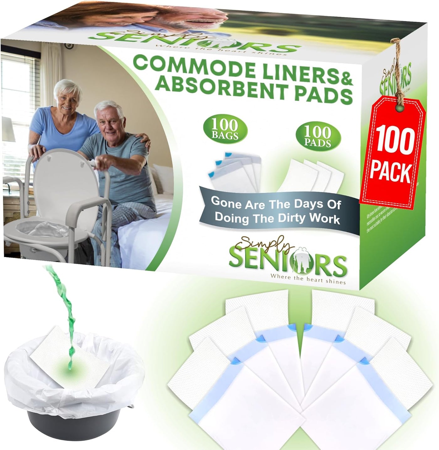 Commode Liners with Absorbent Pads - 100 Bedside Commode Liners & Pads - Portable Toilet Bags for Porta Potty & Camping - No More Days Washing The Bucket of The Commode Chair for Toilet with Arms