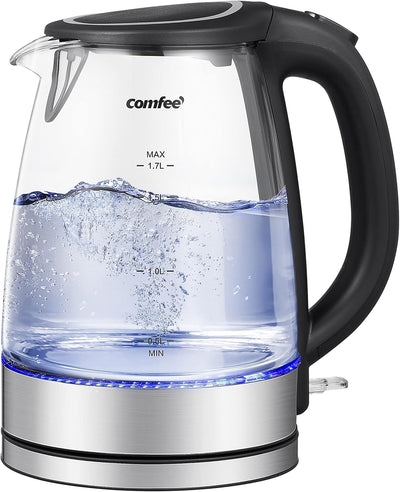 COMFEE' Glass Electric Tea Kettle & Hot Water Kettle Electric, 1.7L Electric Kettle with LED Indicator, 1500W Fast Boil, Auto Shut-Off and Boil-Dry Protection