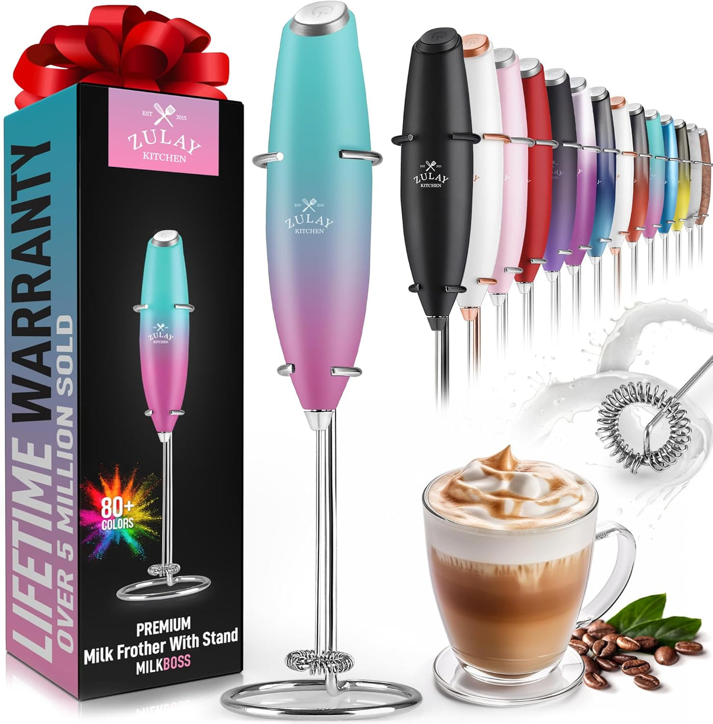 Zulay Kitchen Powerful Milk Frother Wand - Ultra Fast Handheld Drink Mixer - Electric Whisk Foam Maker for Coffee, Lattes, Cappuccino, Frappe, Matcha, Hot Chocolate & Coffee Creamer - Milk Boss Black