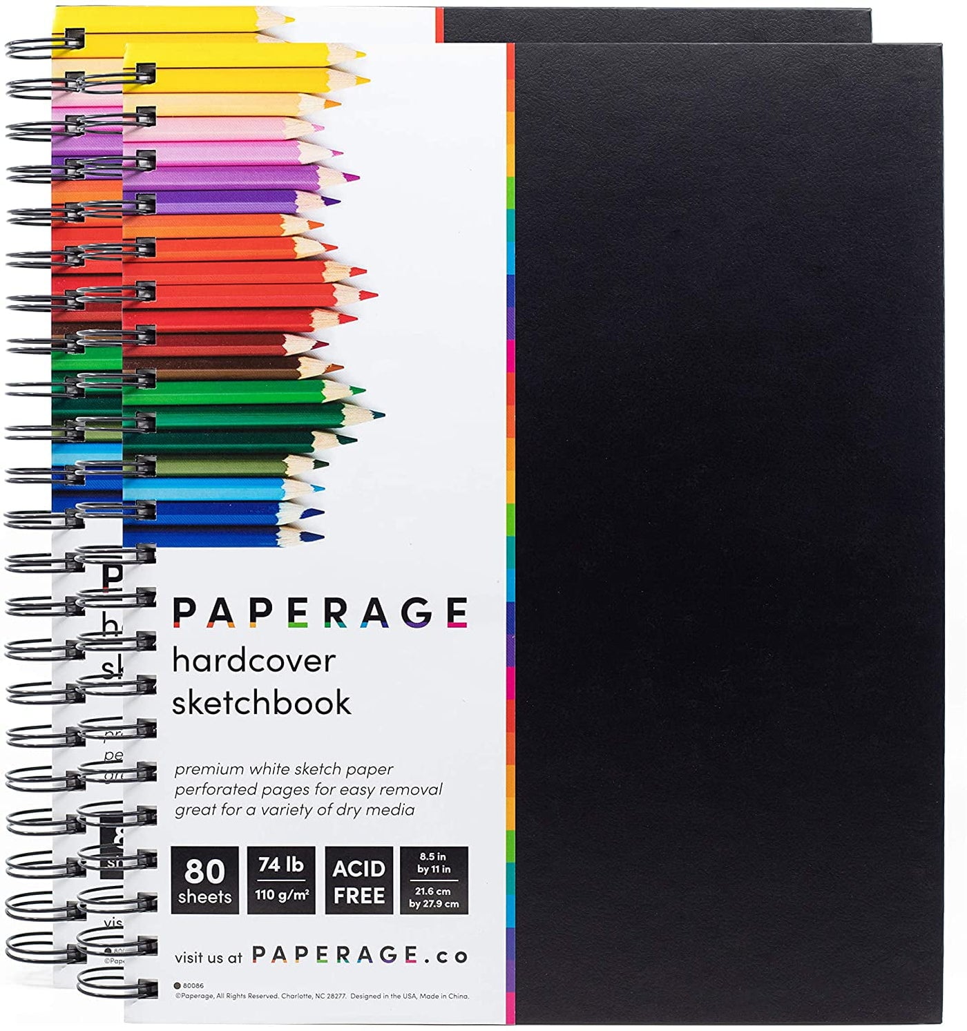 Sketchbook 2 Pack, Hardcover Spiral Bound Sketch Pad, 80 Sheets, 74 lb White Acid Free Drawing Paper with Perforated 8.5 in by 11 in Pages, for Professional Artists and Students, Side Bound, Black