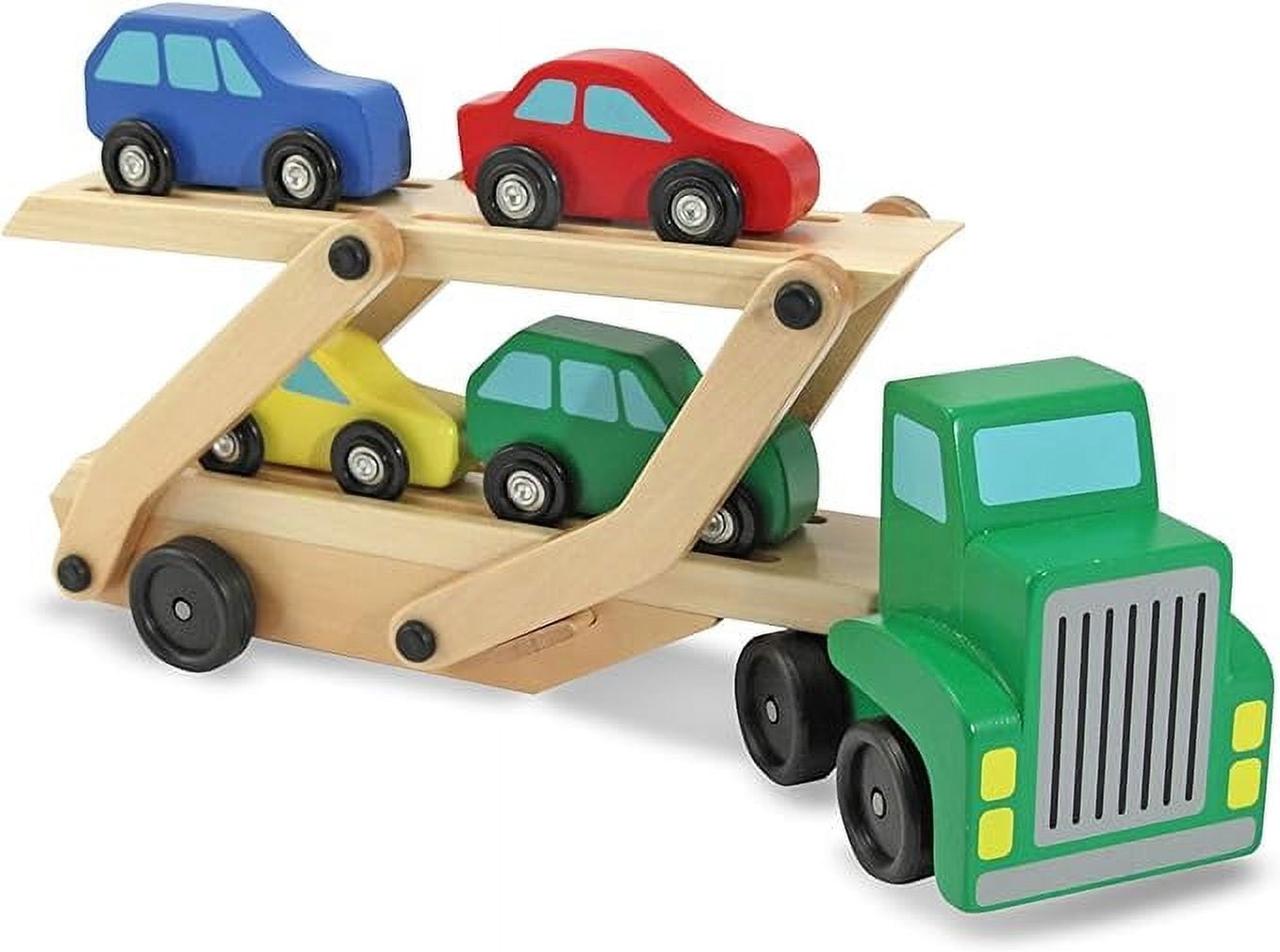 Car Carrier Truck and Cars Wooden Toy Set With 1 Truck and 4 Cars - Vehicle Toys, Push And Go Wooden Trucks For Toddlers And Kids Ages 3+