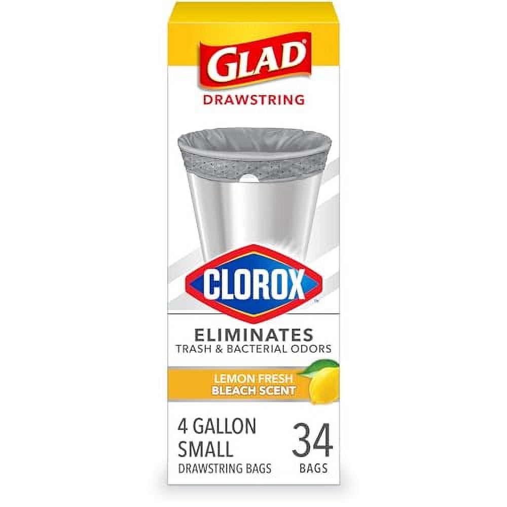 Glad Small Drawstring Trash Bags with Clorox, 4 Gallon, Lemon Fresh Bleach Scent, 34 Count