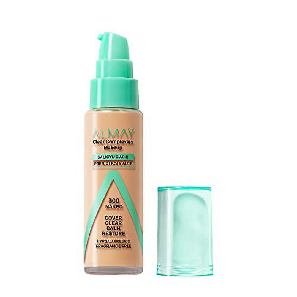 Almay Clear Complexion Acne Foundation Makeup with Salicylic Acid - Lightweight, Medium Coverage, Hypoallergenic, Fragrance-Free, for Sensitive Skin, 300 Naked, 1 fl oz.