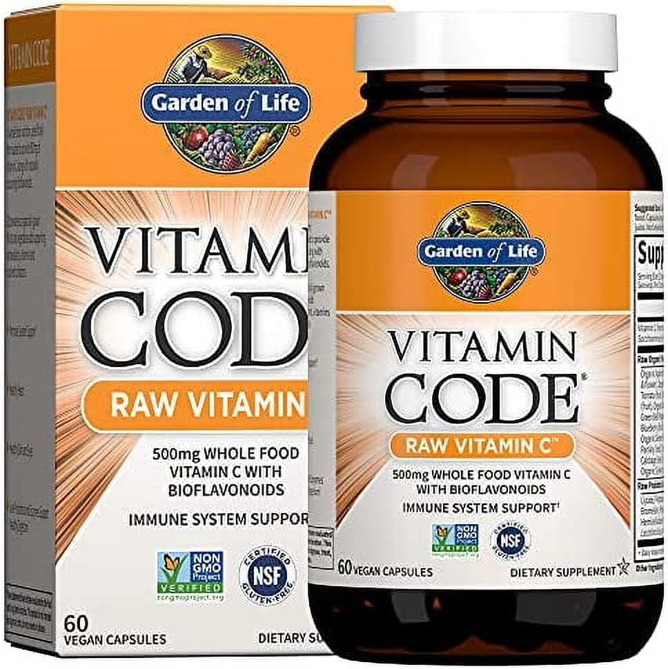 Garden of Life Whole Food Vitamin C Code Raw Capsules, 500mg, Fruit & Veggie Blend, Probiotics Supplements for Adults, Vegan, Gluten Free, Orange, 60 Count 60 Count (Pack of 1)