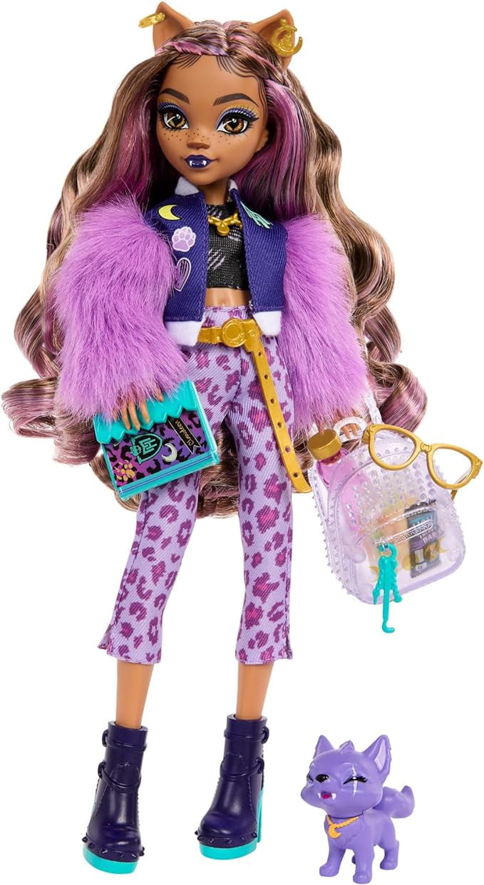 Monster High Clawdeen Wolf Doll with Pet Dog Crescent & Accessories like Backpack, Planner, Snacks & More