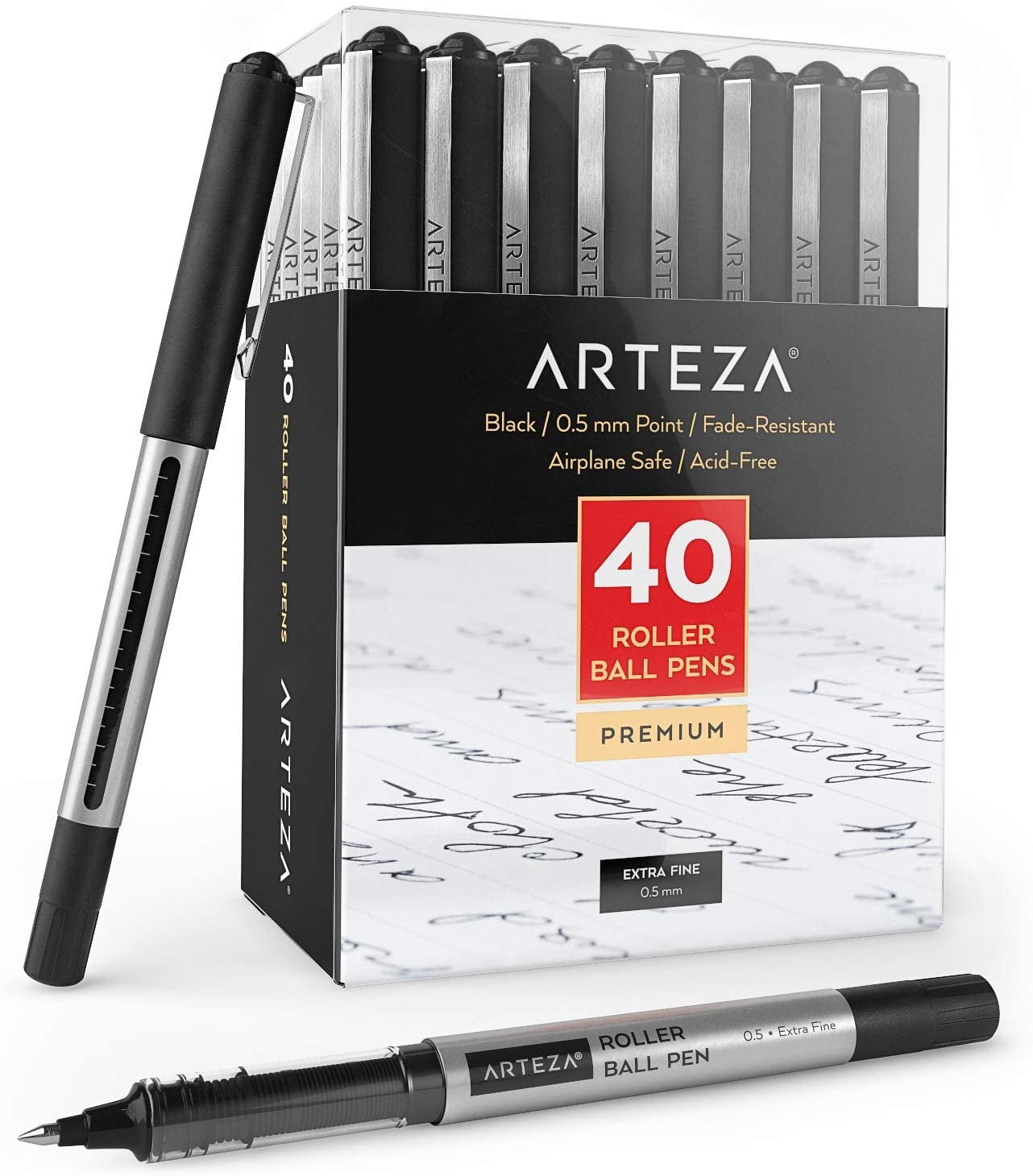 Arteza Roller Ball Pens, Black Ink, Extra Fine 0.5 mm - 40 Pack